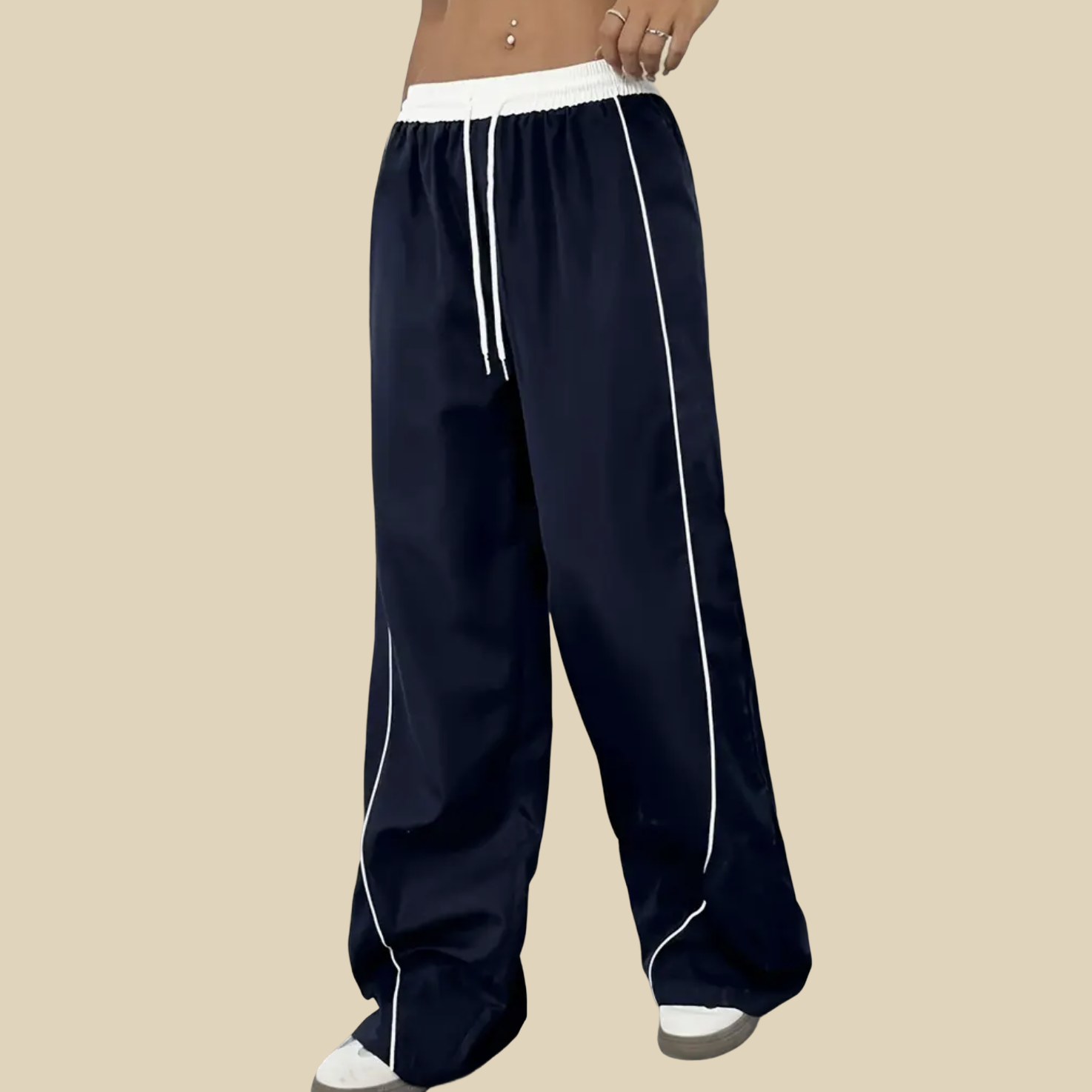 Wide-Leg Contrast Trim Drawstring Pants