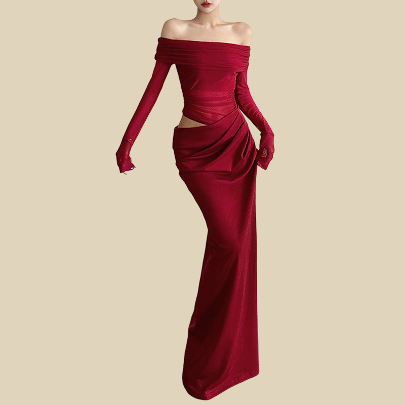 Off-Shoulder Sheer Panel Gown
