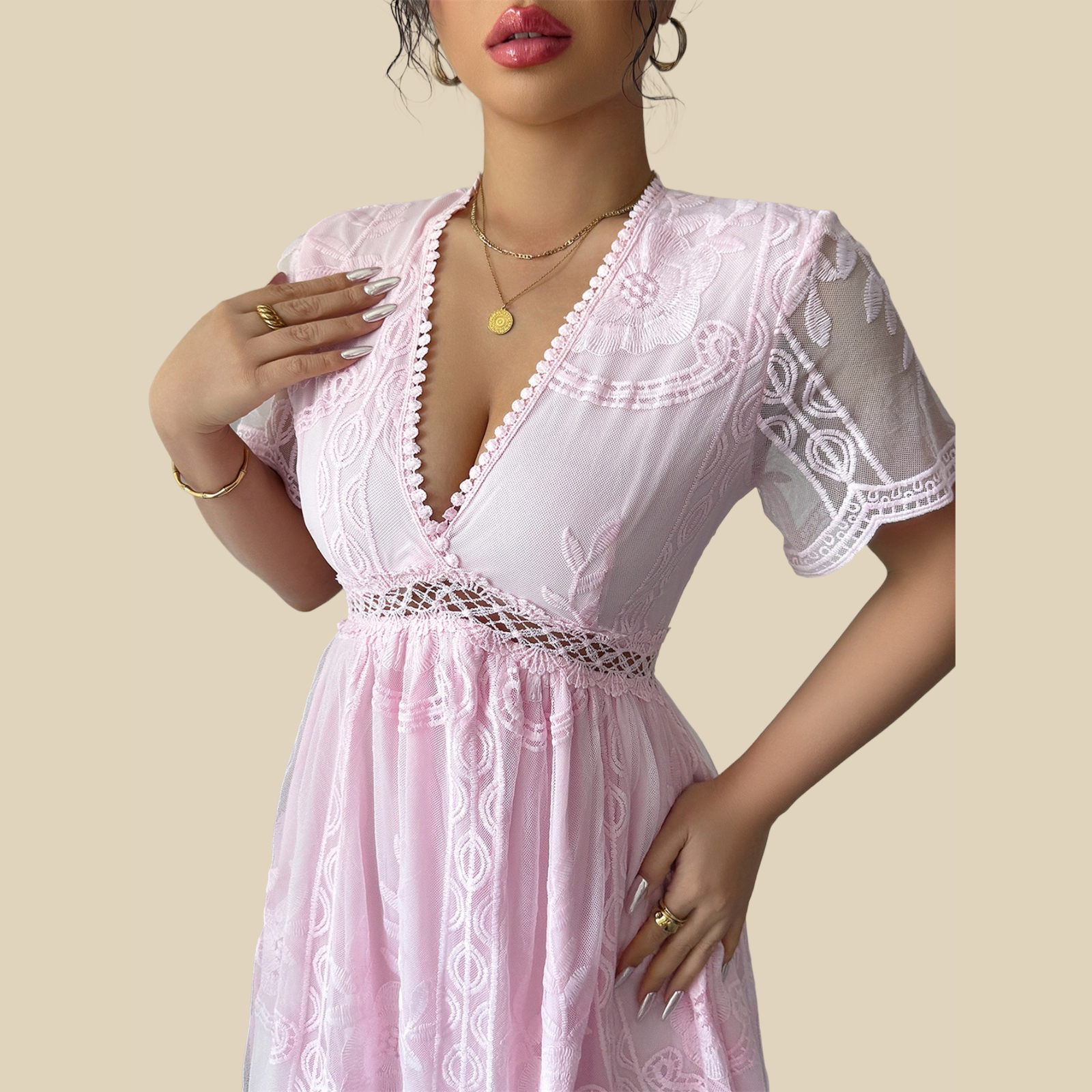 Embroidered V Lace Dress