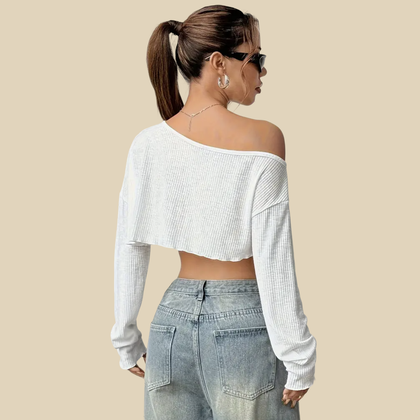 Off-Shoulder Cropped Long Sleeve Top
