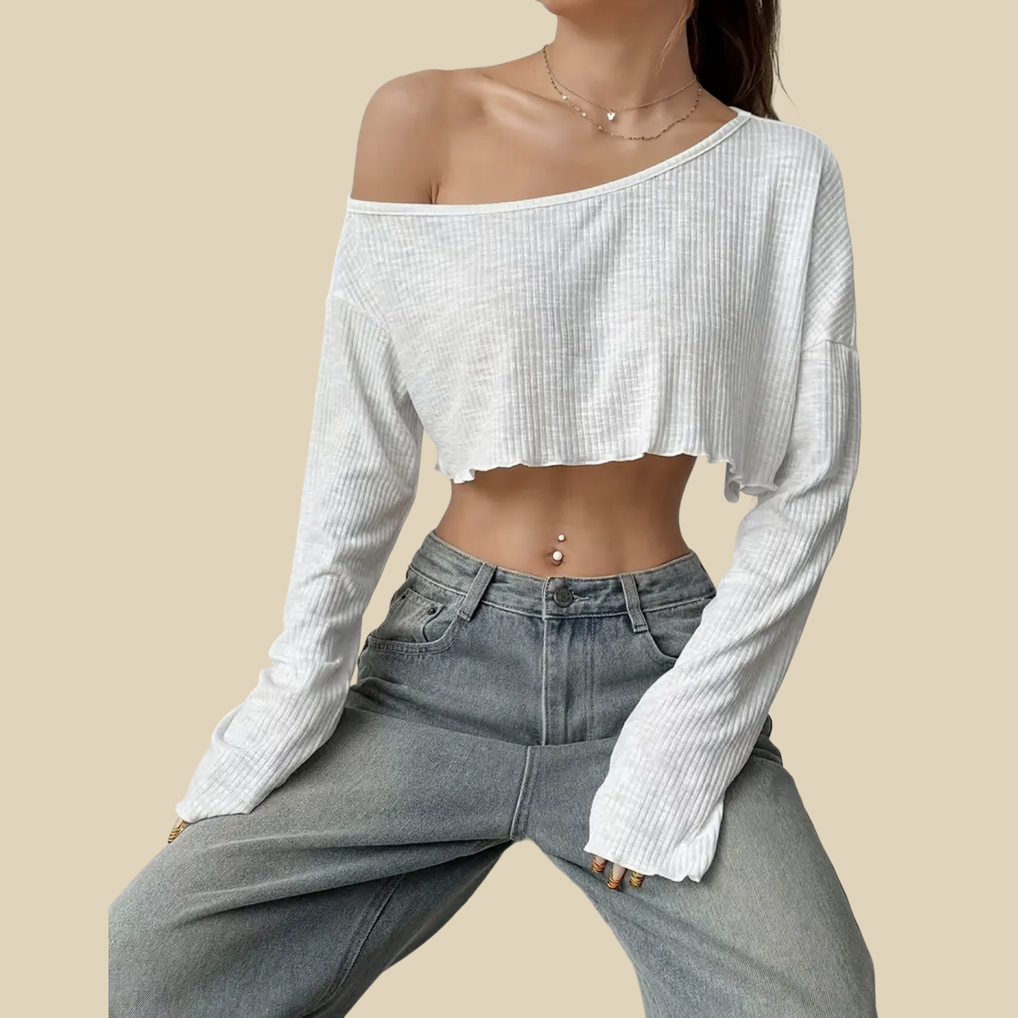 Off-Shoulder Cropped Long Sleeve Top