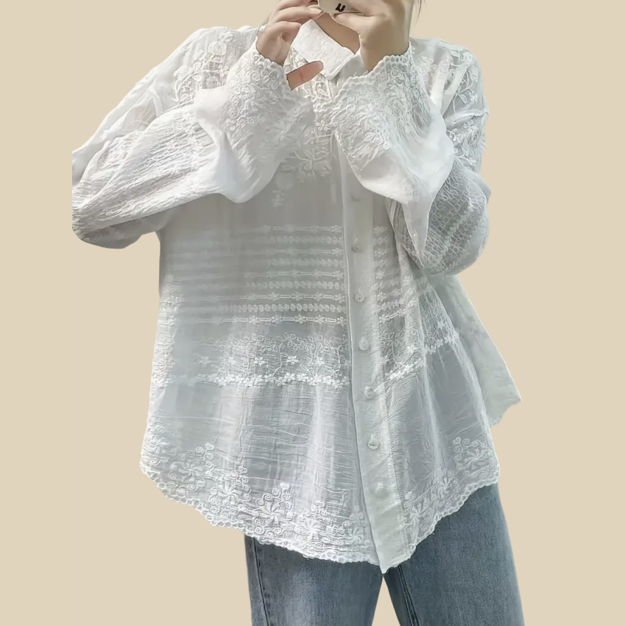 Embroidered Lace Button-Up Blouse