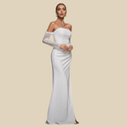 Off-Shoulder Satin Gown with Lace Sleeves
