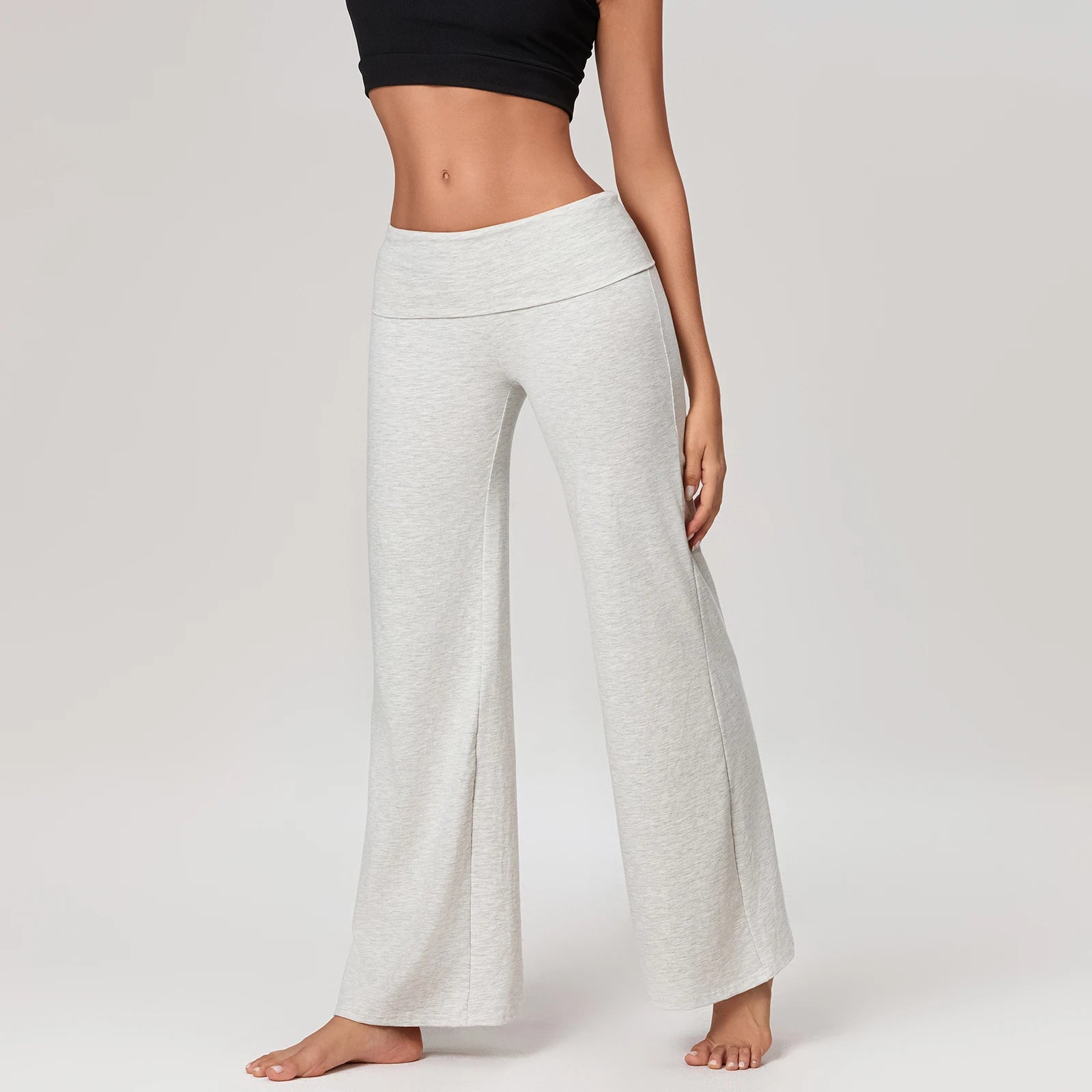 Women's Casual Long Pants Spring Fall Foldover Waist Loose Wide Leg Pants Solid Color Baggy Straight Trousers