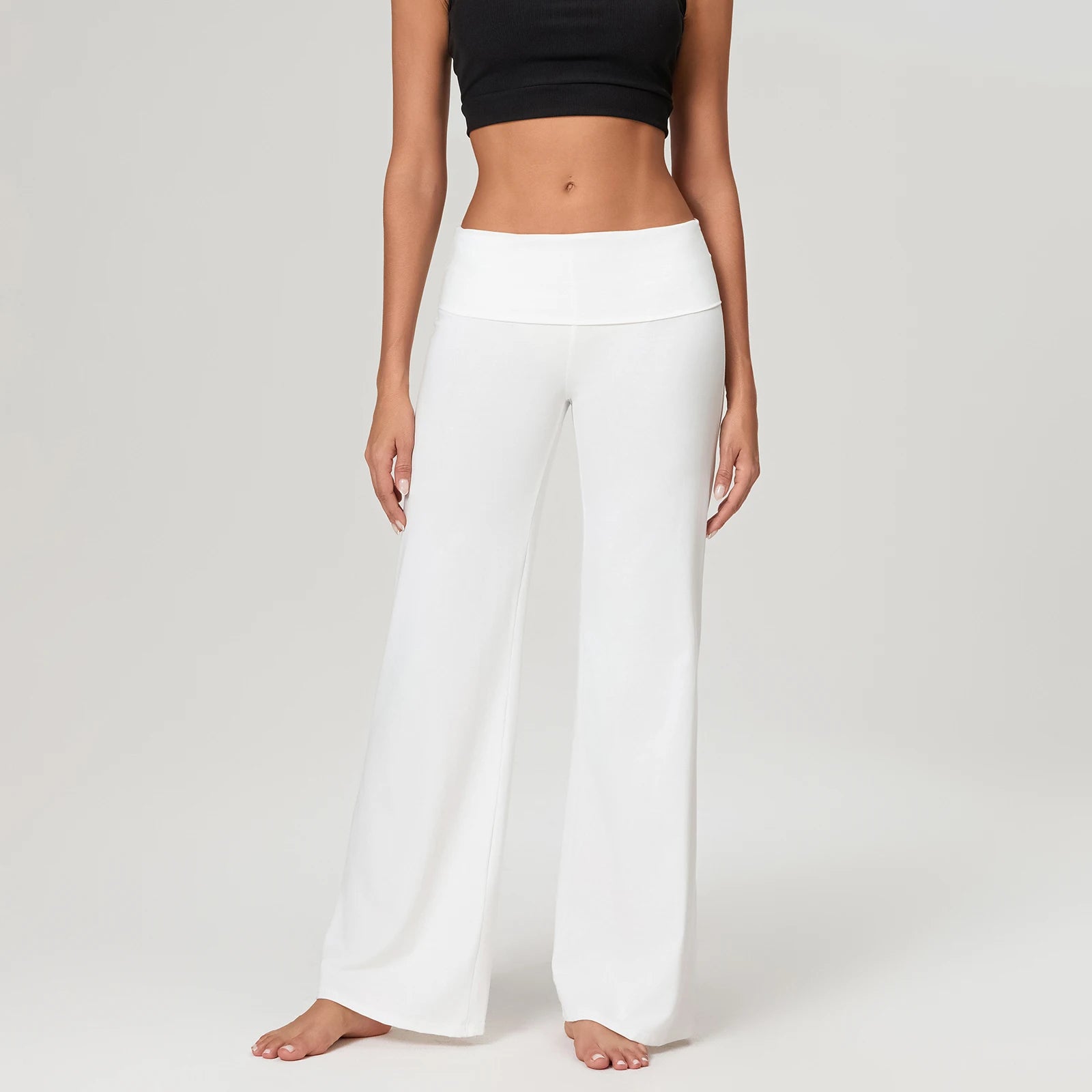 Women's Casual Long Pants Spring Fall Foldover Waist Loose Wide Leg Pants Solid Color Baggy Straight Trousers