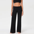 Women's Casual Long Pants Spring Fall Foldover Waist Loose Wide Leg Pants Solid Color Baggy Straight Trousers