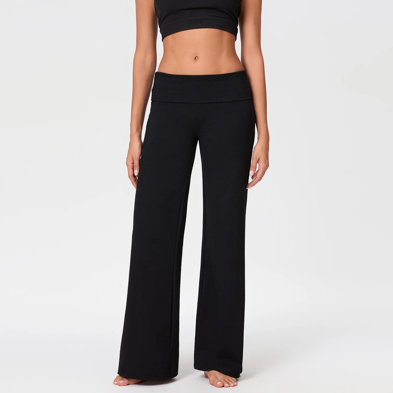 Women's Casual Long Pants Spring Fall Foldover Waist Loose Wide Leg Pants Solid Color Baggy Straight Trousers