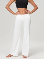 Women's Casual Long Pants Spring Fall Foldover Waist Loose Wide Leg Pants Solid Color Baggy Straight Trousers