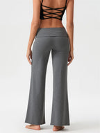 Women's Casual Long Pants Spring Fall Foldover Waist Loose Wide Leg Pants Solid Color Baggy Straight Trousers