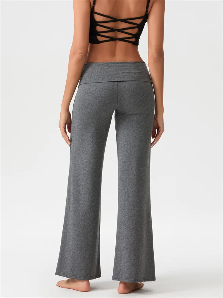 Women's Casual Long Pants Spring Fall Foldover Waist Loose Wide Leg Pants Solid Color Baggy Straight Trousers