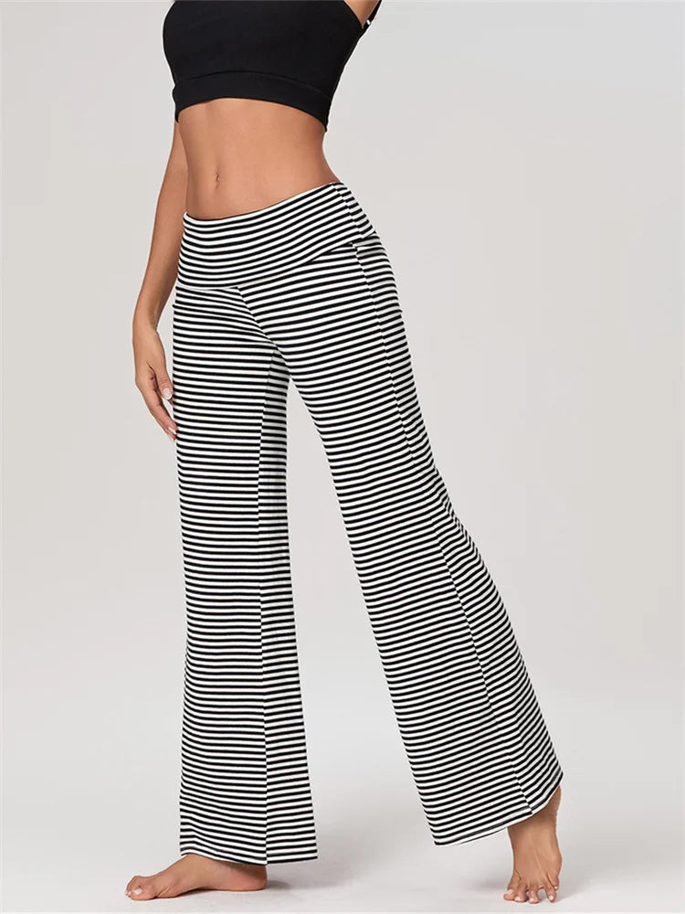 Women's Casual Long Pants Spring Fall Foldover Waist Loose Wide Leg Pants Solid Color Baggy Straight Trousers