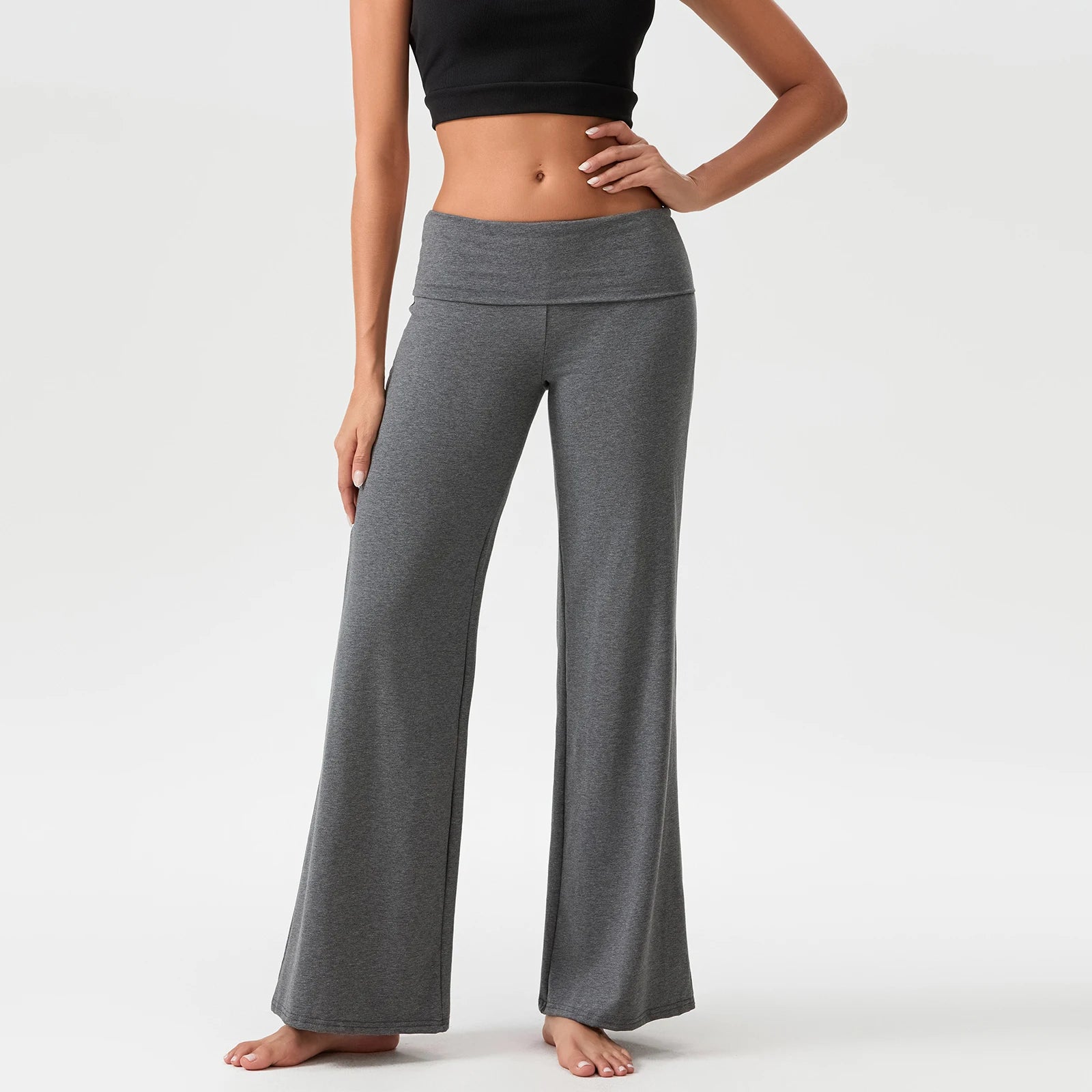 Women's Casual Long Pants Spring Fall Foldover Waist Loose Wide Leg Pants Solid Color Baggy Straight Trousers