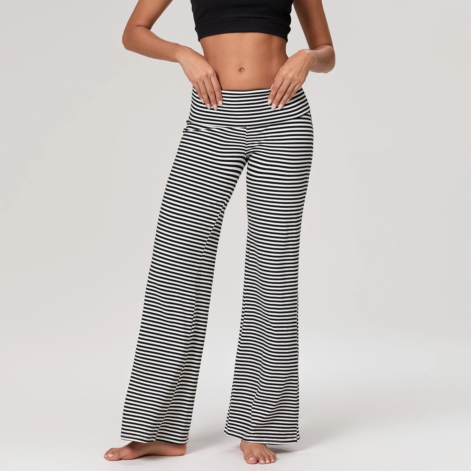 Women's Casual Long Pants Spring Fall Foldover Waist Loose Wide Leg Pants Solid Color Baggy Straight Trousers