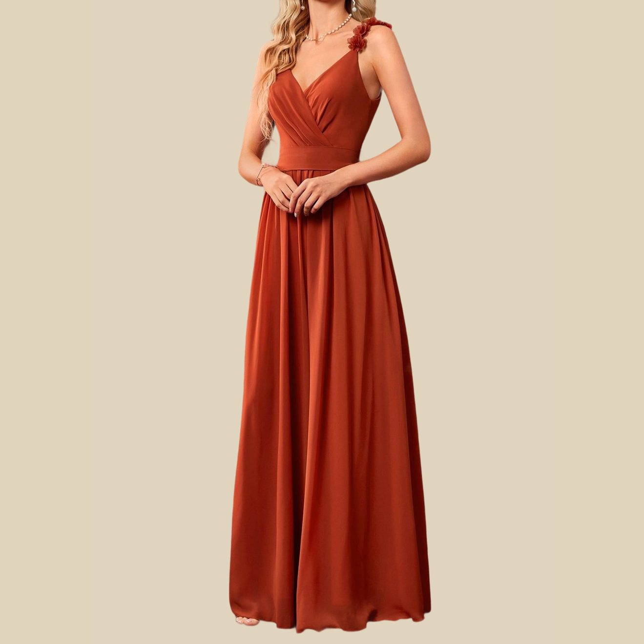 Floral Strap Chiffon Gown