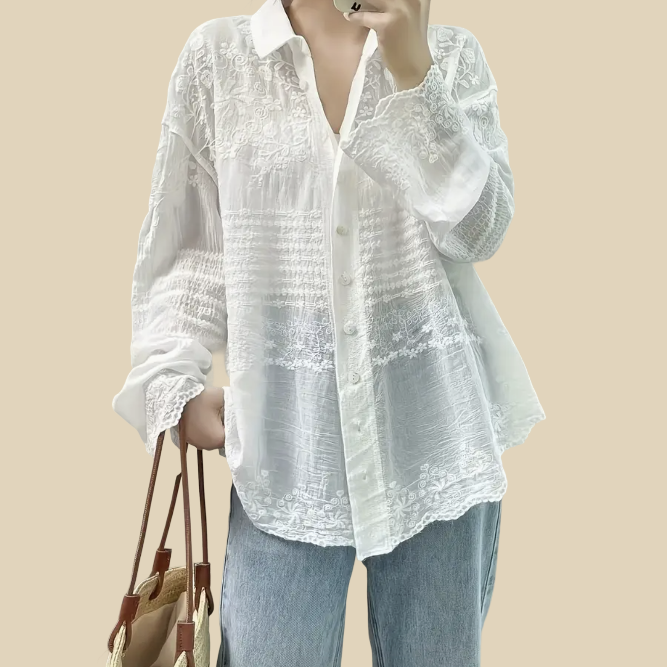 Embroidered Lace Button-Up Blouse