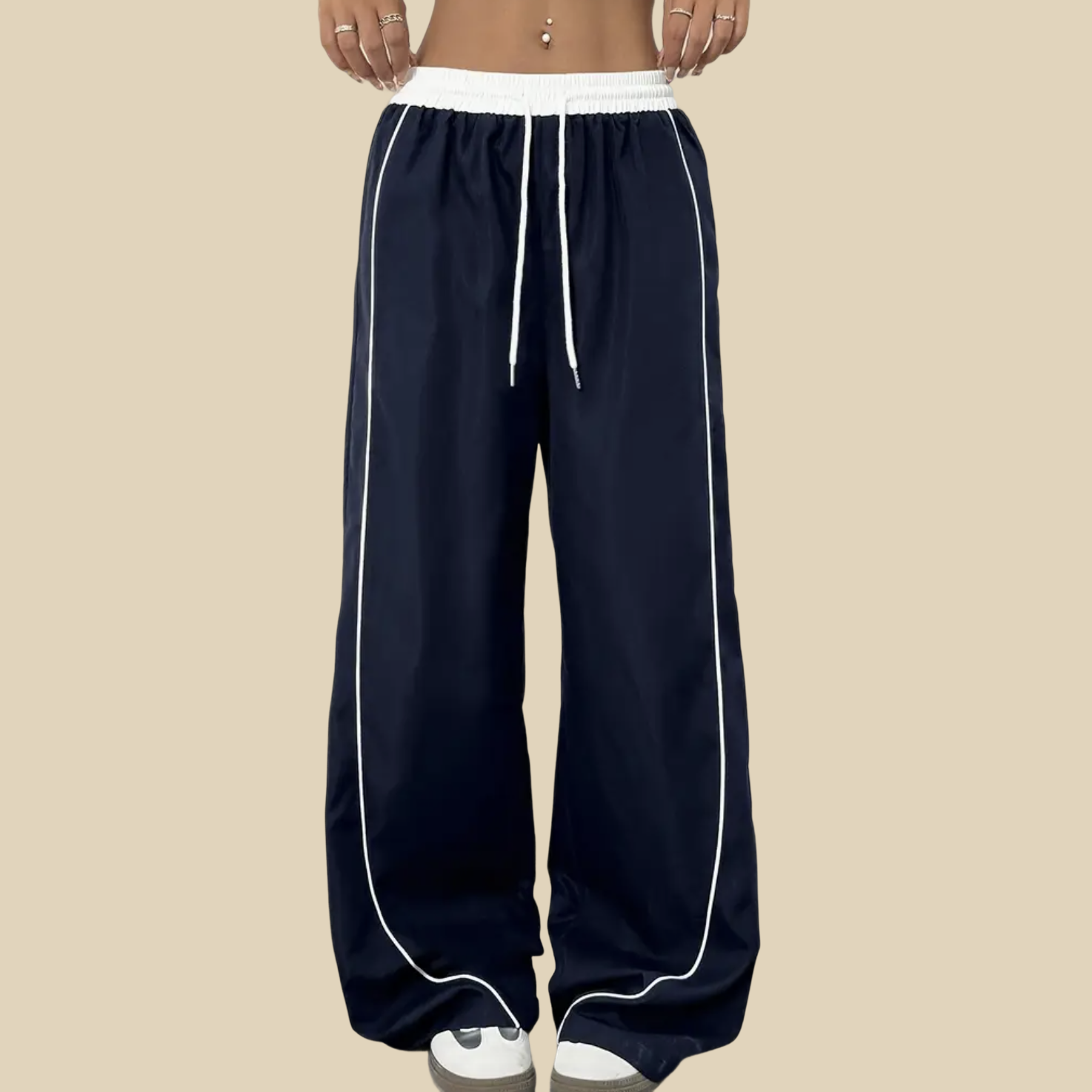 Wide-Leg Contrast Trim Drawstring Pants