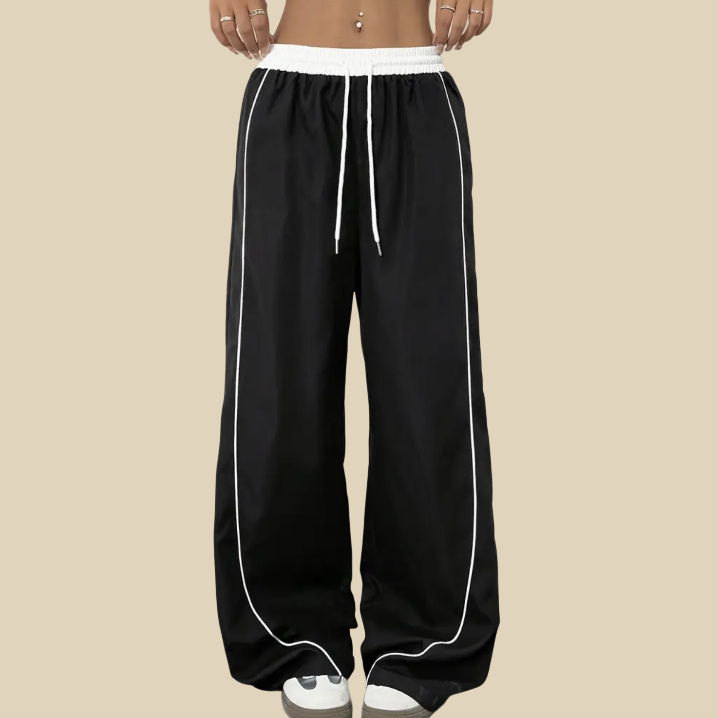 Wide-Leg Contrast Trim Drawstring Pants