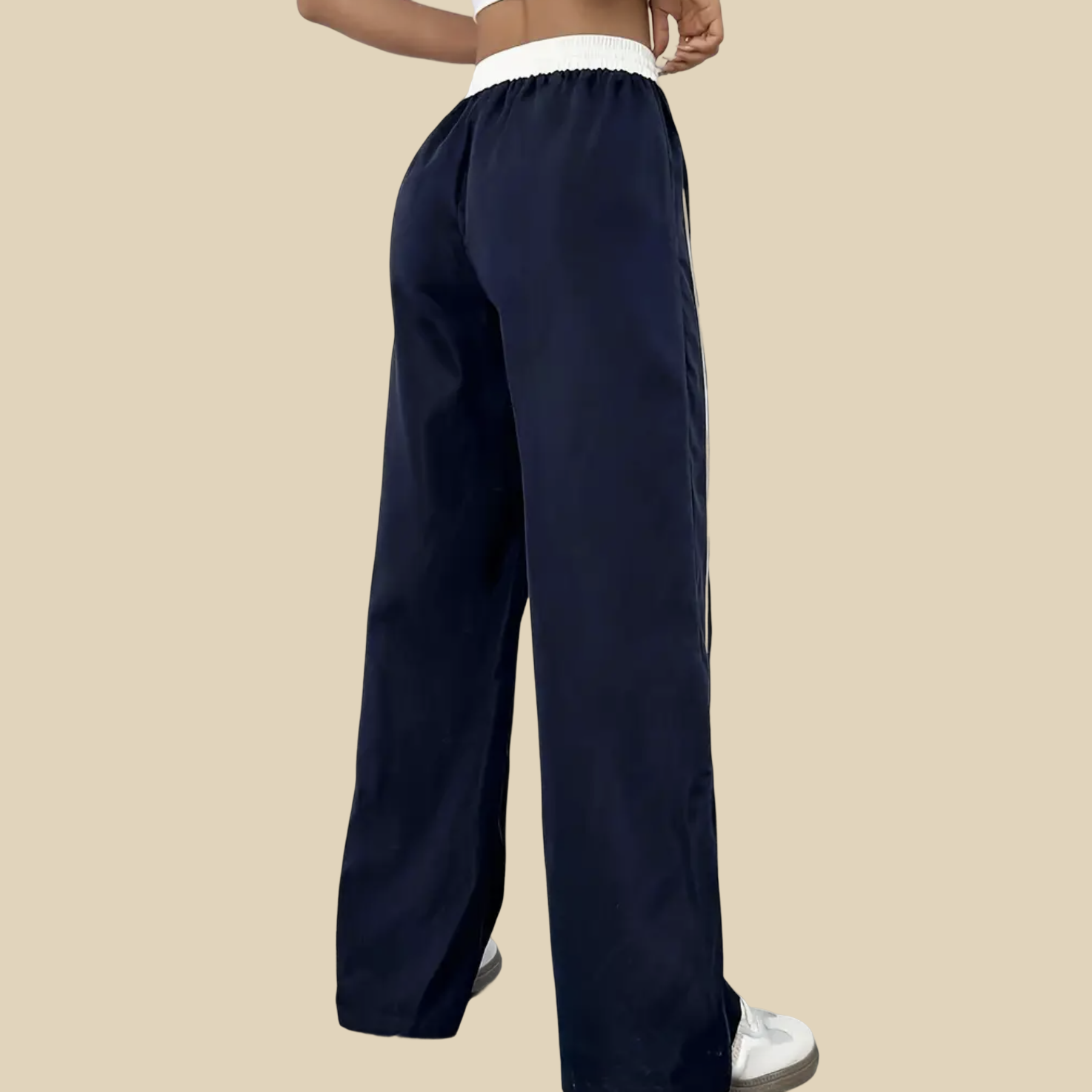 Wide-Leg Contrast Trim Drawstring Pants