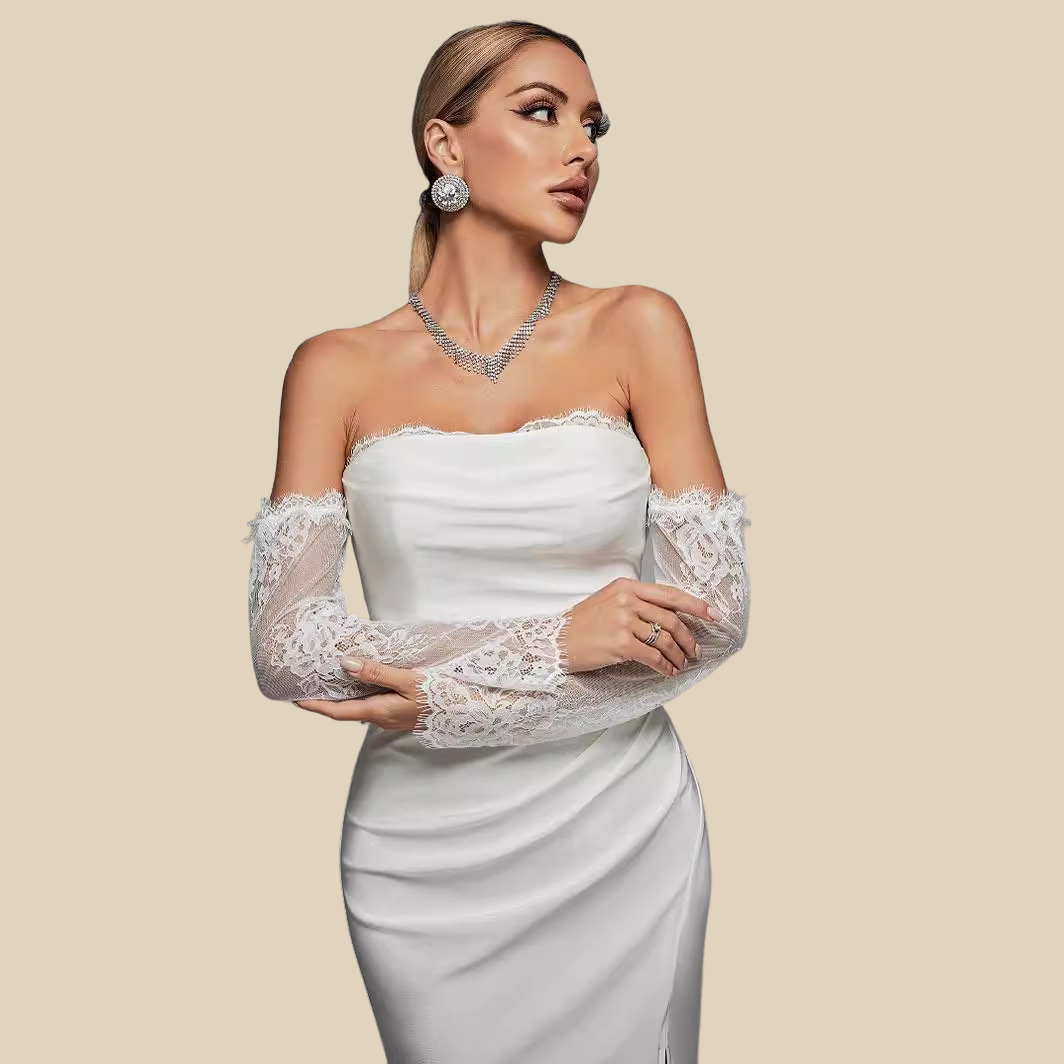 Off-Shoulder Satin Gown with Lace Sleeves