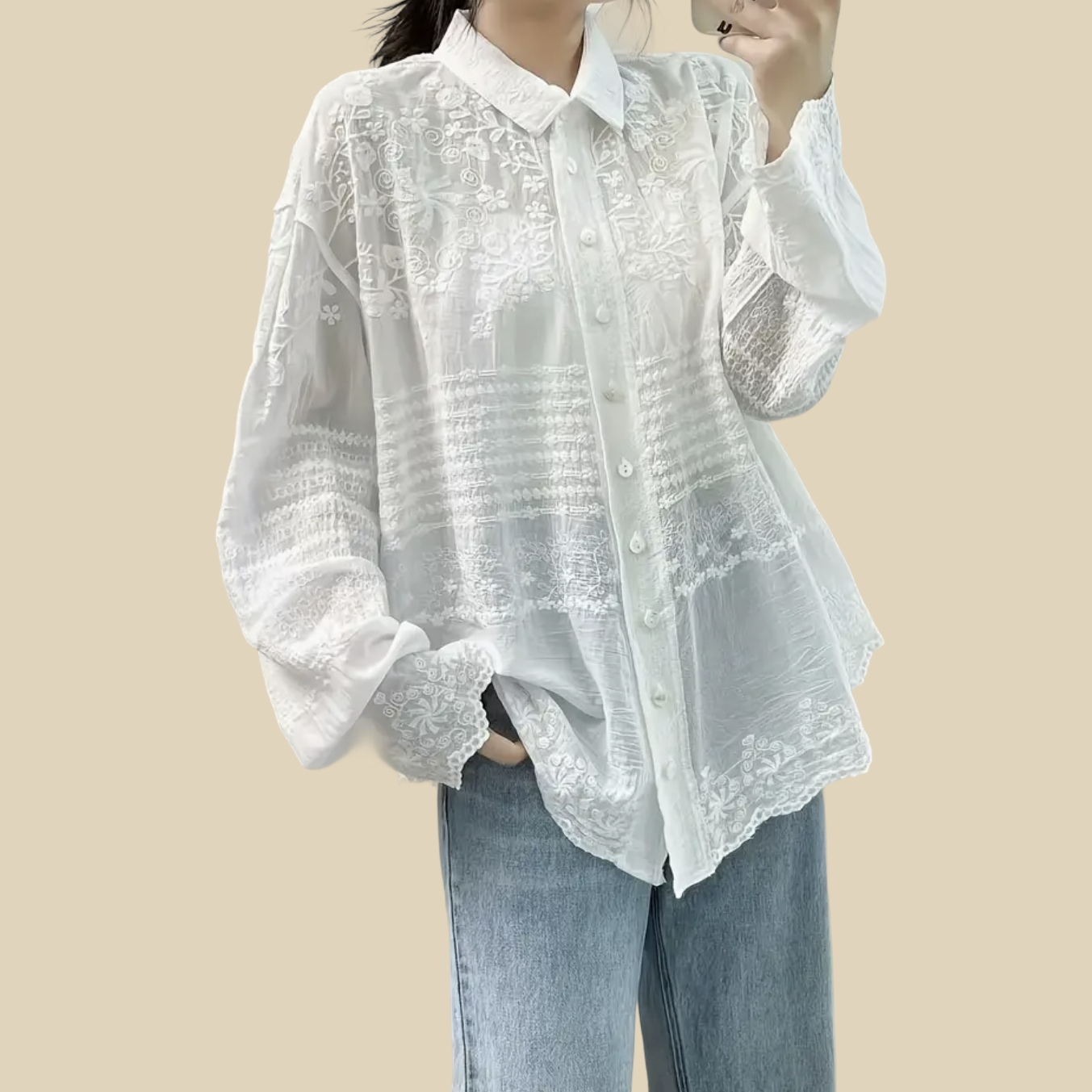 Embroidered Lace Button-Up Blouse