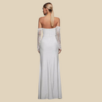 Off-Shoulder Satin Gown with Lace Sleeves
