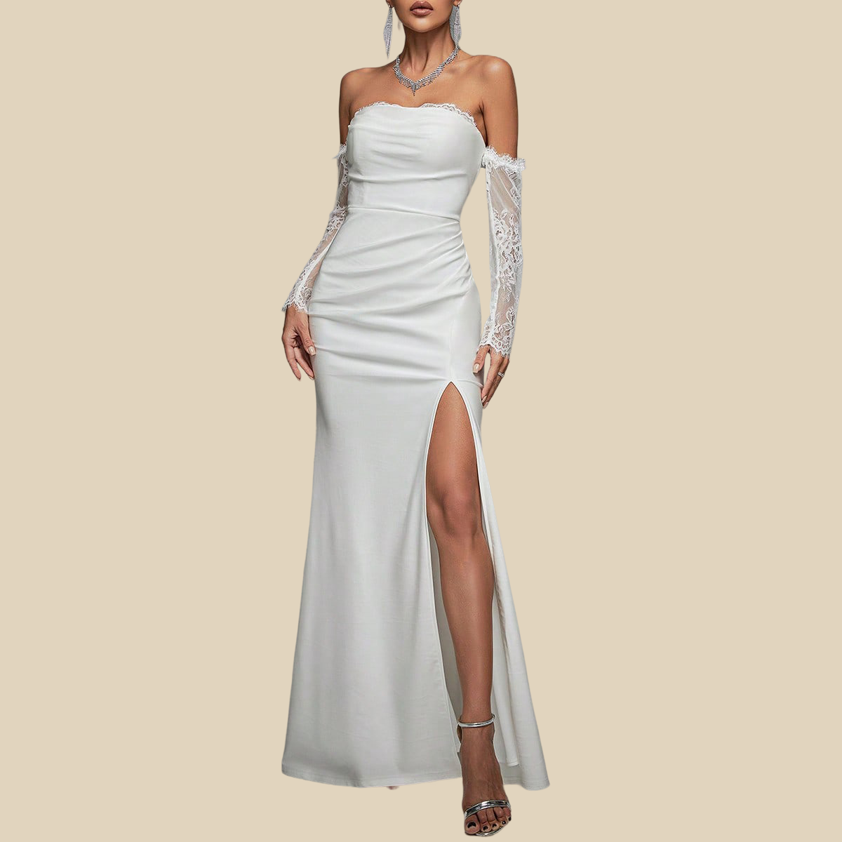 Off-Shoulder Satin Gown with Lace Sleeves